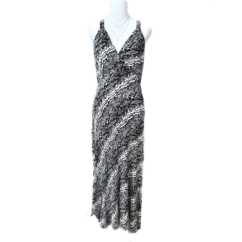 Ethyl Black and White Graphic Print T-Back Halter Maxi Dress, Women’s Size Small